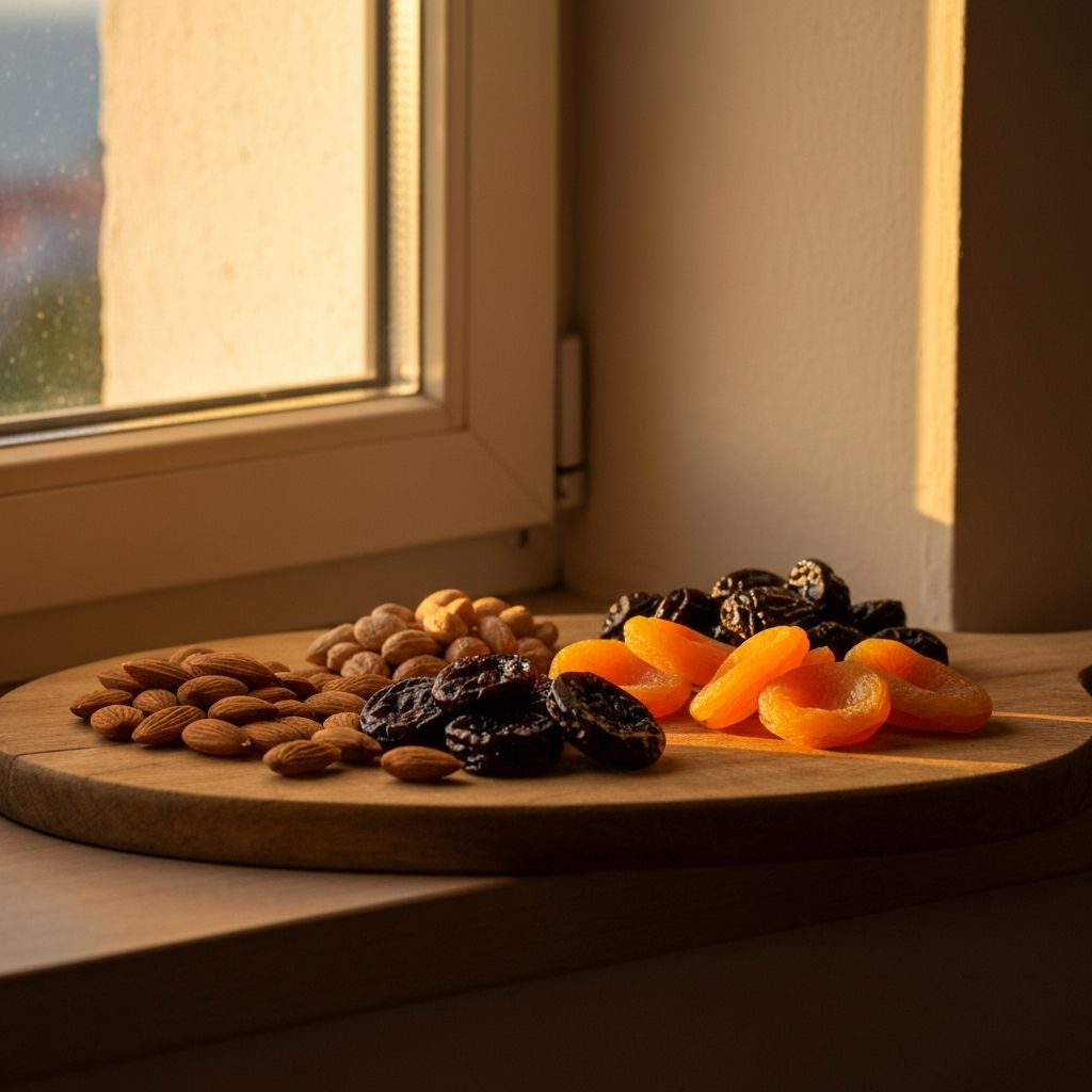 Poslijepodnevska grickalica od oraha i sušenog voća pri prozoru