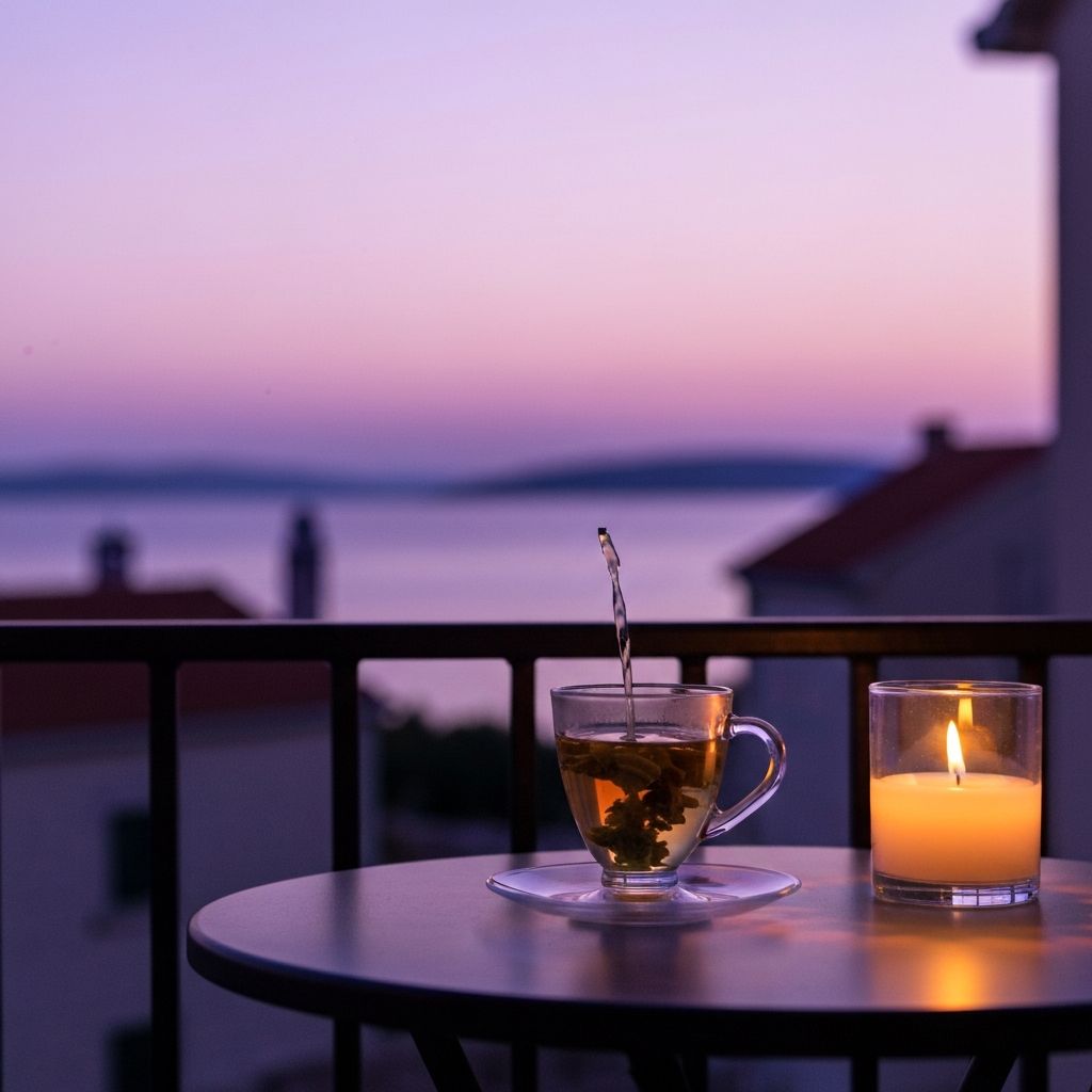 Topao čaj od biljaka sa svjećom na balkonu u sumraku